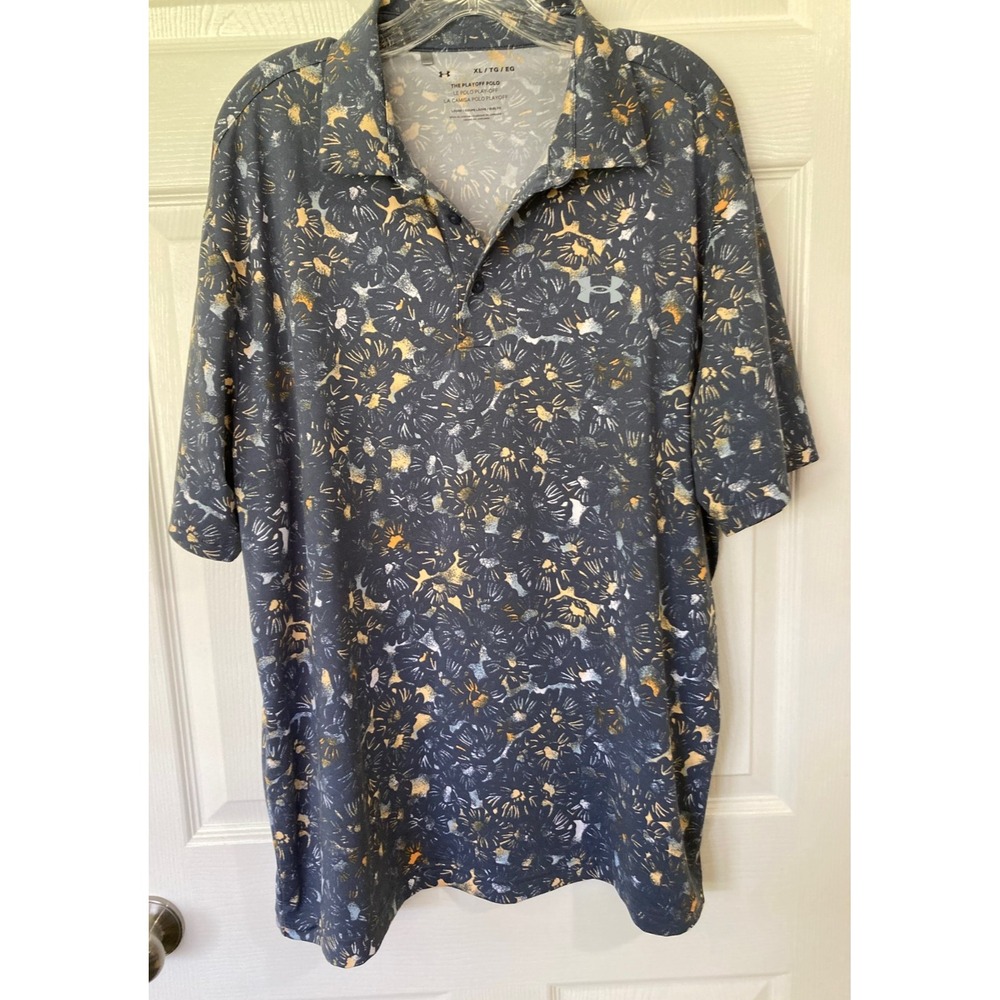 Under Armour Playoff Polo Men's XL Blue Gold Abstract Golf Shirt SS Pre-Owned